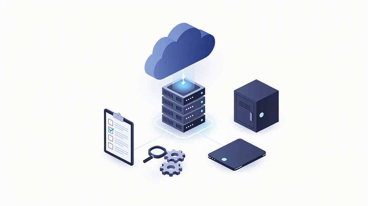 Cloud above servers with separate backup storage as a symbol of 3-2-1 backup in the cloud.