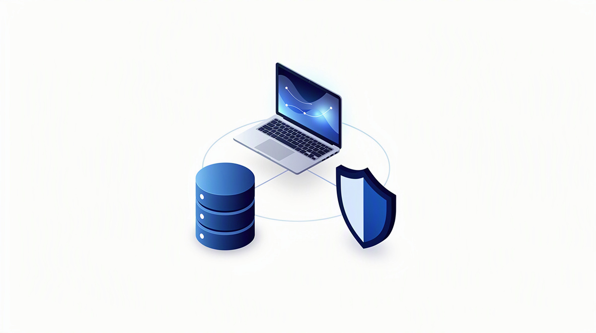 Laptop, database and protection symbol illustrate the protection of applications, databases and identities.
