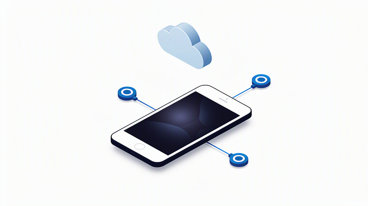 Smartphone mit Cloud und Schnittstellen-Symbolen als Darstellung der technischen Lösung.