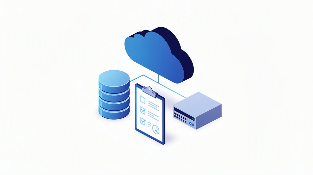 Cloud, Datenbank und Server als verbundene Bausteine der Infrastruktur.
