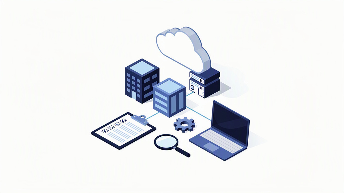 Cloud über modularen Bausteinen und Zahnrad als Symbol für flexible Open-Source-Cloud.