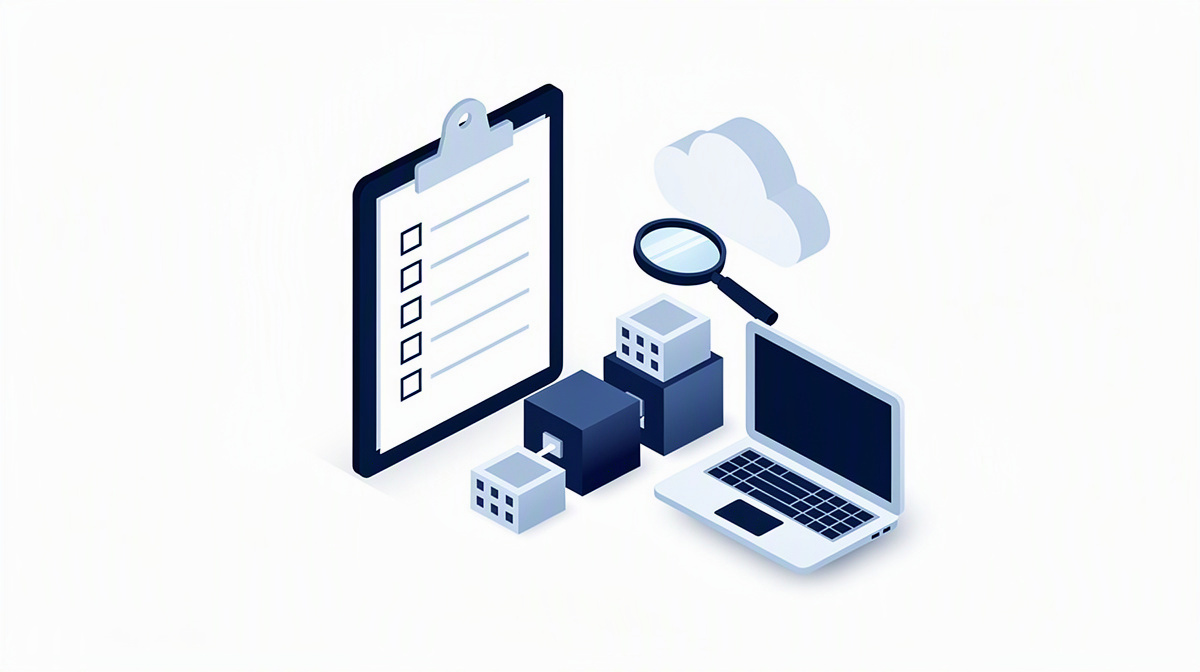 Isometric illustration of a clipboard with a checklist, magnifying glass and connected building blocks.