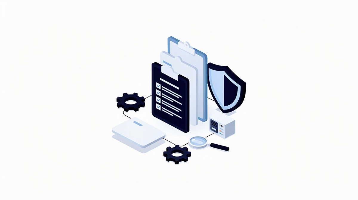 Isometric illustration of linked process cards with a cog and a protection symbol.