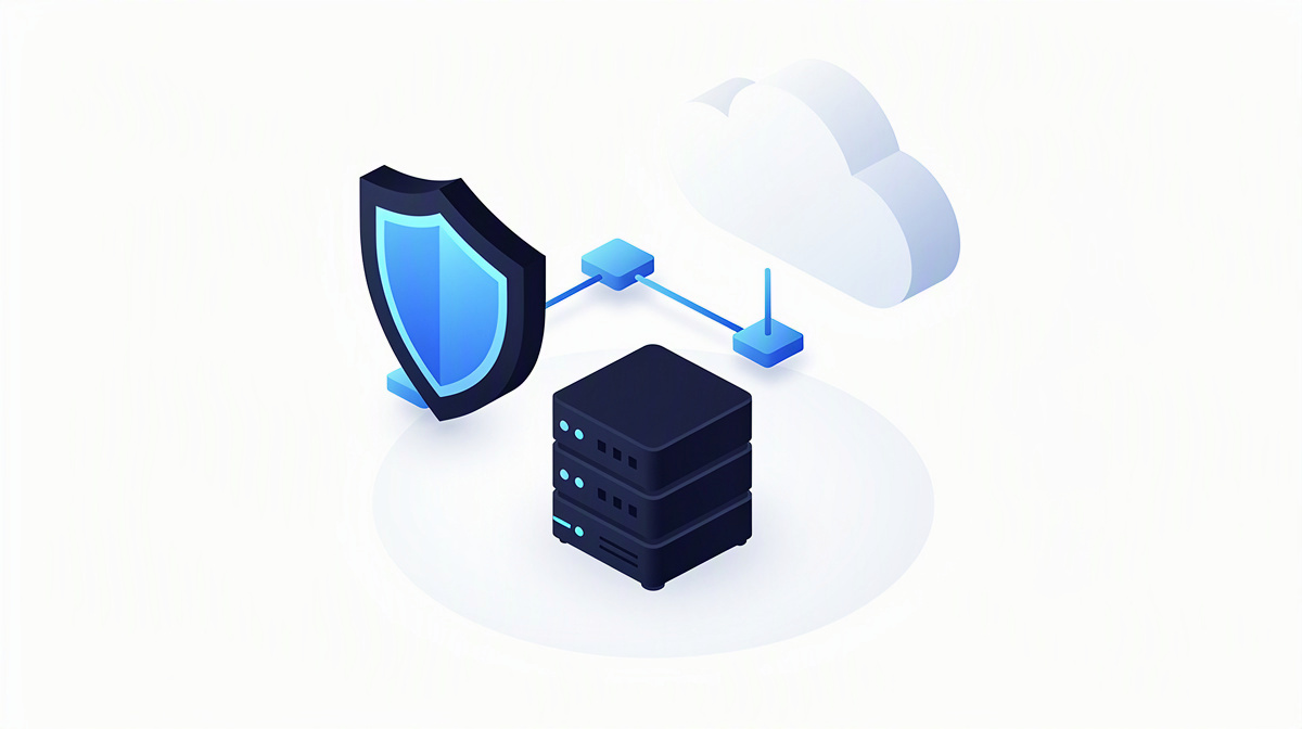 Schutzschild, Cloud und Server symbolisieren Betrieb, Schnittstellen und Datensicherheit.