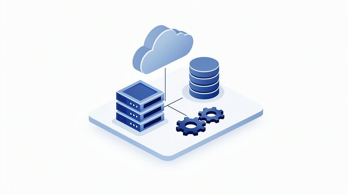 Cloud, server, database and cogs as the technical architecture of a SaaS platform.
