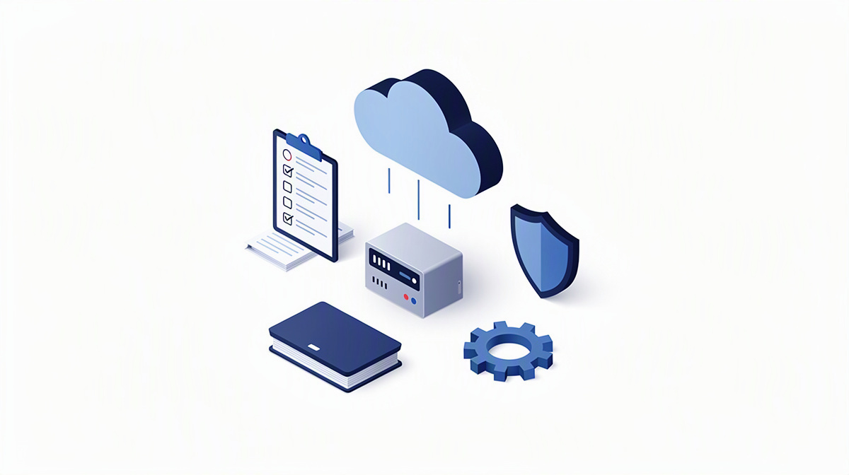 Cloud, Server, Schutzschild und Zahnrad als Symbol für integrierte und kontrollierbare Umsetzung.