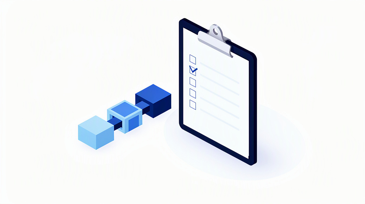 Clipboard with checklist and connected building blocks for creating a requirements specification step by step.