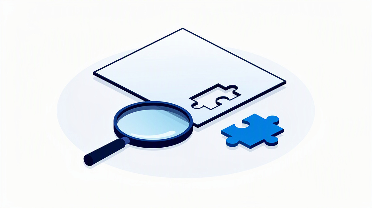 Blank document with a missing puzzle piece and magnifying glass as a symbol of gaps in a requirements specification.