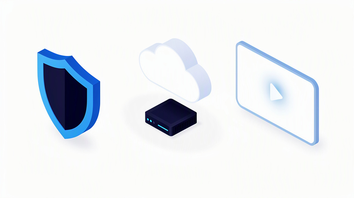 Sie sehen Schutzschild, Cloud, Server und eine neutrale Medienkachel als Symbol der Lösung.