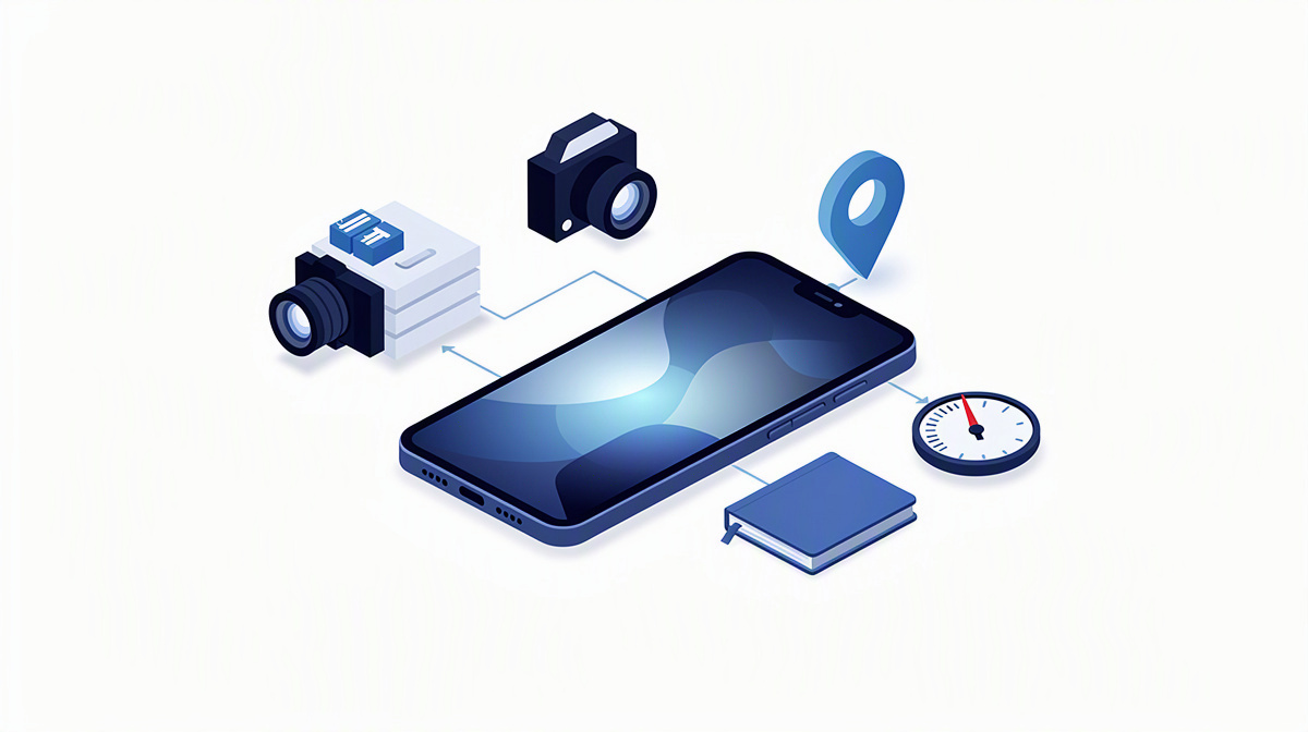 Smartphone mit Kamera-, Standort- und Leistungs-Symbolen für Stärken nativer Apps.