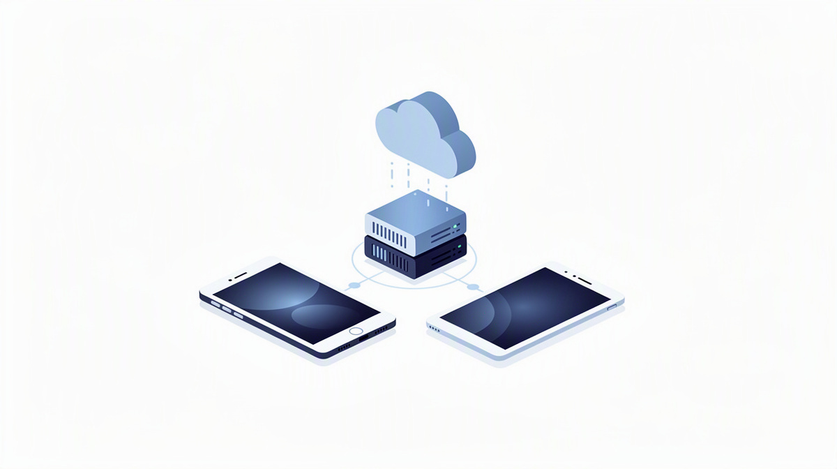 Smartphone, Tablet und Cloud-Server veranschaulichen Nutzung, Systeme und Betrieb.