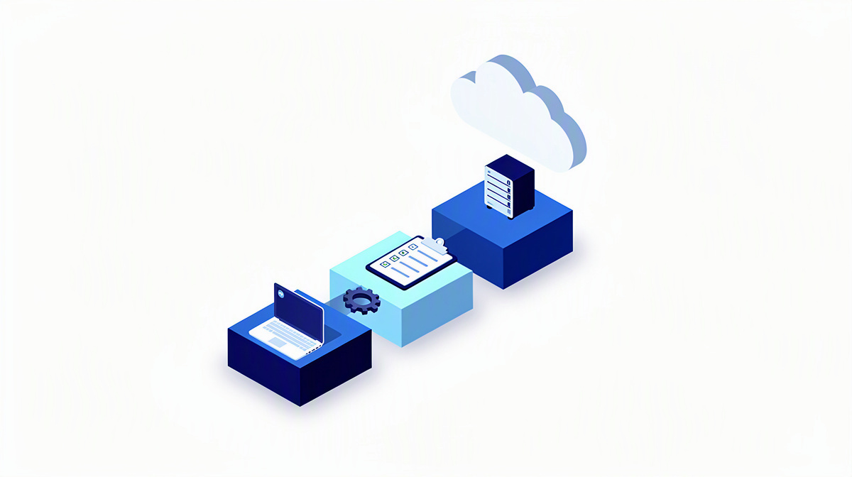 Drei Stufen führen zu Cloud und Server als Symbol für den Weg zur belastbaren Lösung.