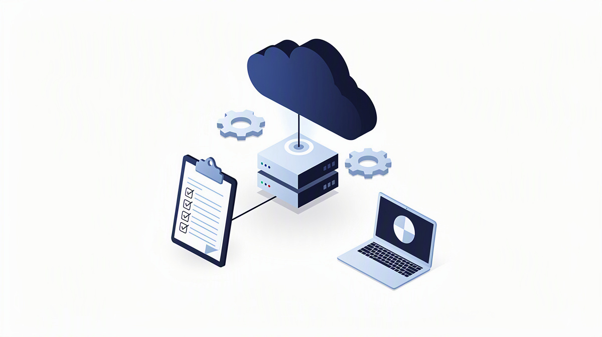 Isometrische Cloud über Server mit Zahnrädern als Symbol für eine technische Basis für spätere Releases.