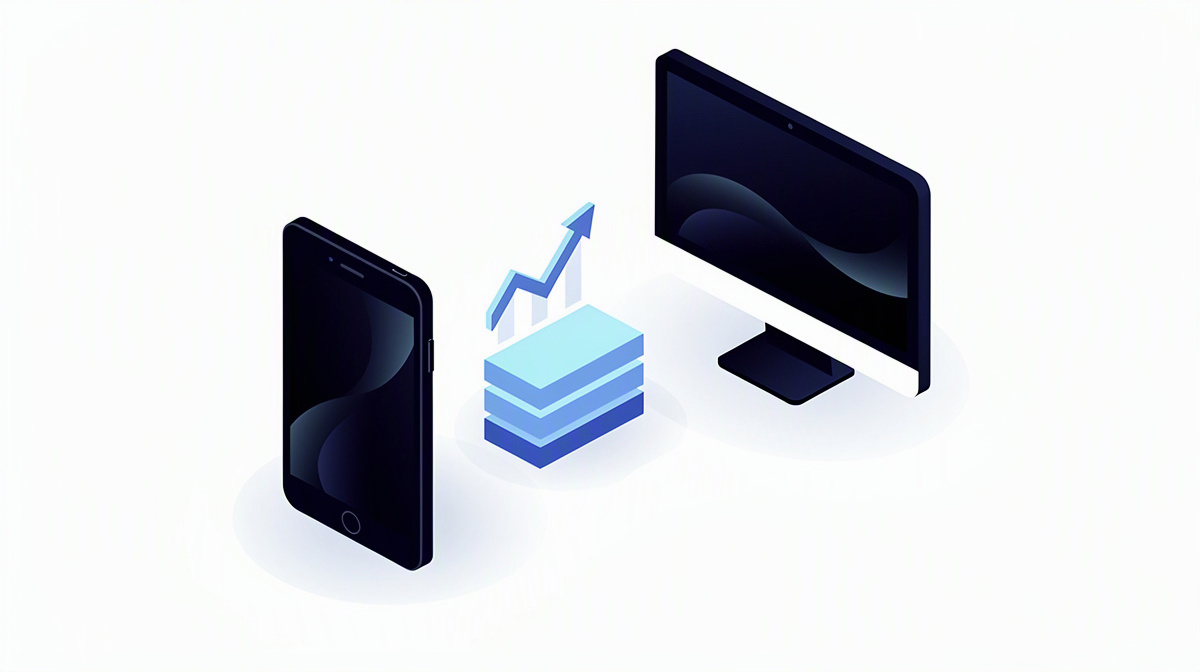Smartphone and monitor with connecting building blocks and an abstract growth symbol.
