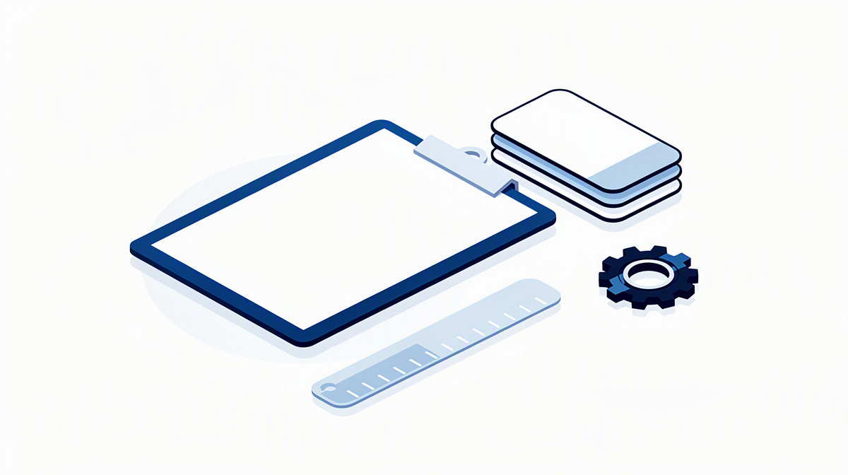 Empty clipboard with planning cards, cogwheel and abstract scale.