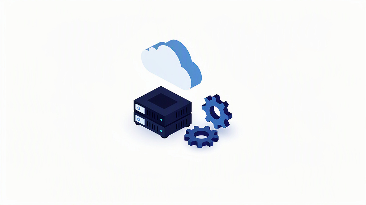 Cloud, Server und Zahnräder als Symbol für Betrieb, Weiterentwicklung und Qualität in der Cloud.