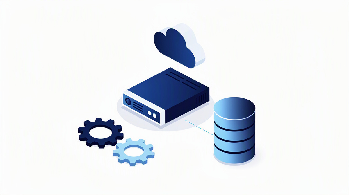 You can see a cloud above a server, connected to a database and cogs on a white background.
