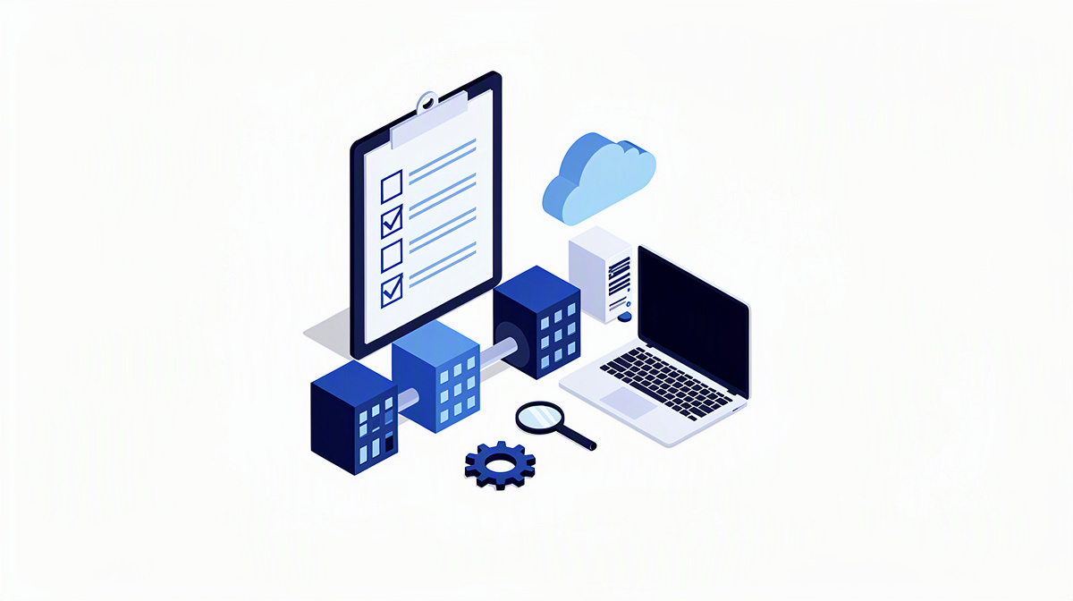 Clipboard, building blocks and cogwheel as a symbol of the structured introduction of single sign-on.
