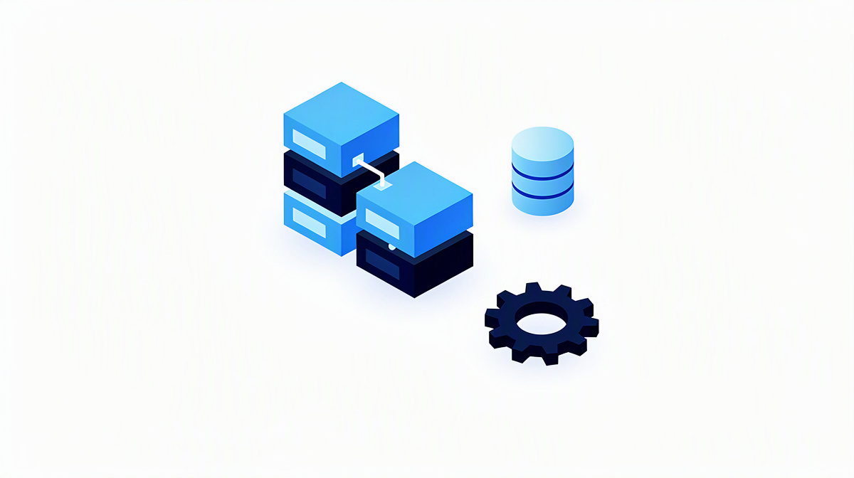 Isometric illustration with building blocks, database and cog as a symbol of cost factors.