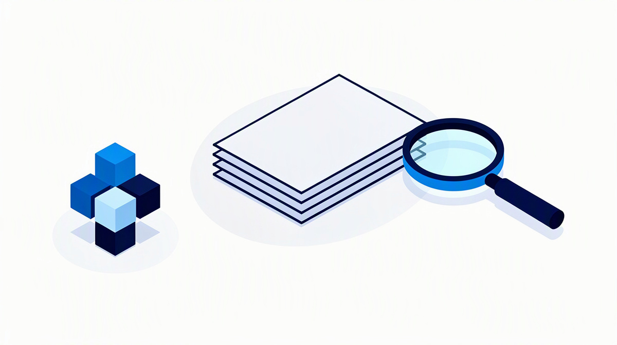 Isometric illustration with documents, magnifying glass and modules for manageable budget planning.