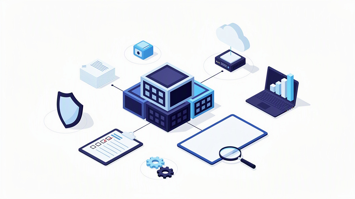 Isometric illustration with connected building blocks, scorecard and magnifying glass for comparison criteria.