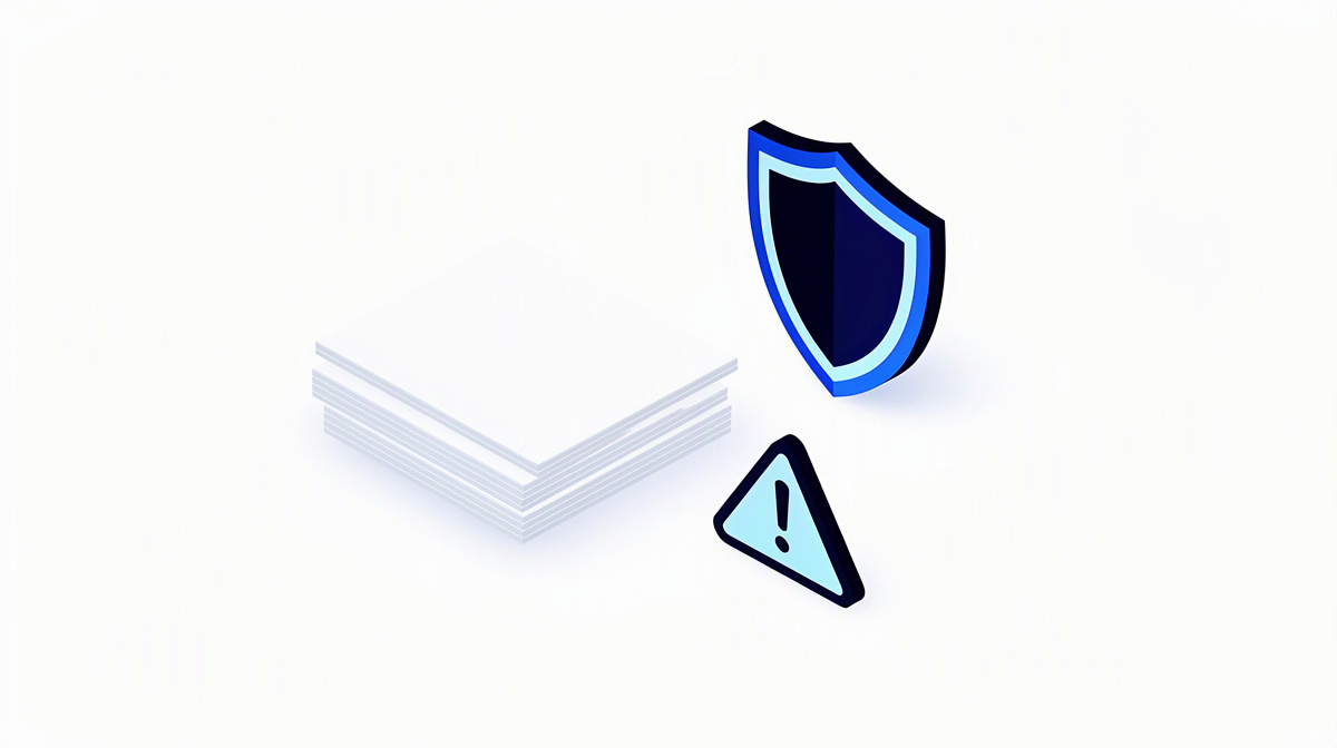 Isometric illustration with a stack of documents, shield and warning symbol for warning signs.