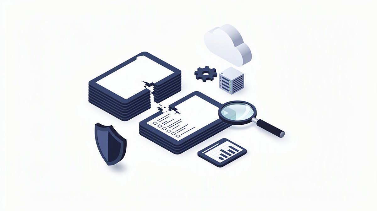 You see separate stacks of data, a broken connection and symbols for practical problems.