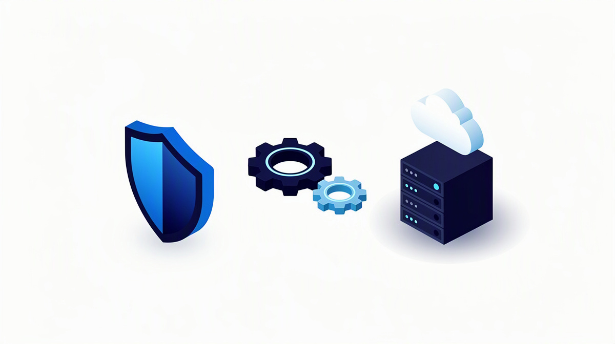 You can see a shield, gears, server and cloud as symbols of security and operations.