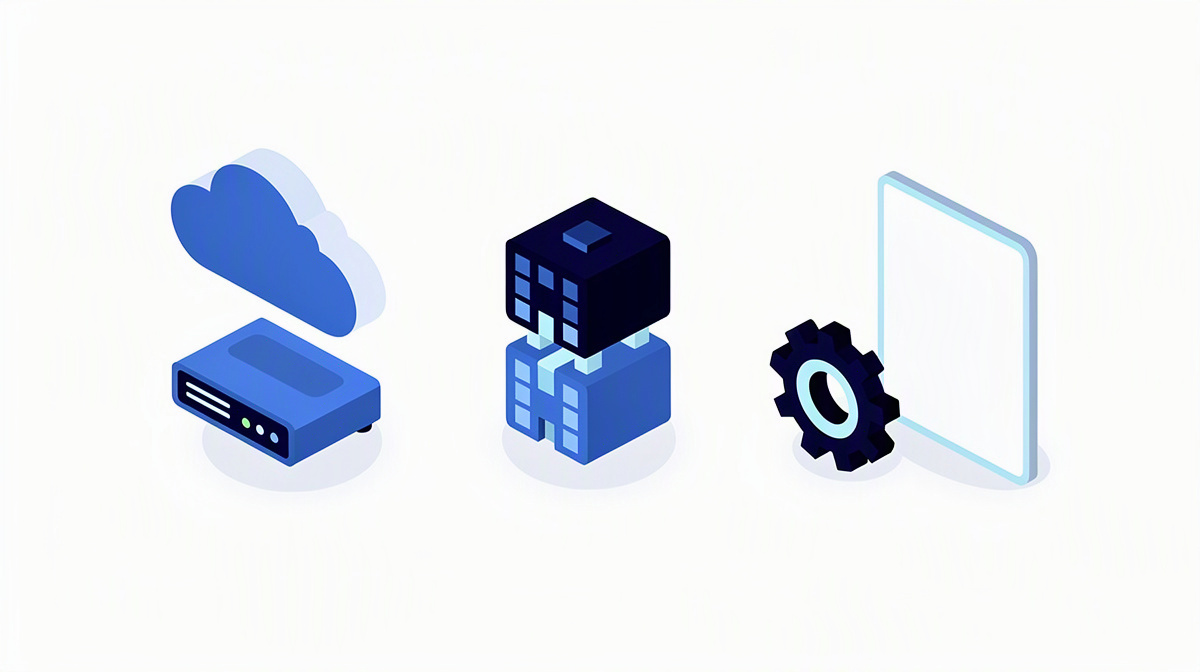 Sie sehen Cloud, Server, verbundene Bausteine und ein Zahnrad als Sinnbild für Technik und Integration.