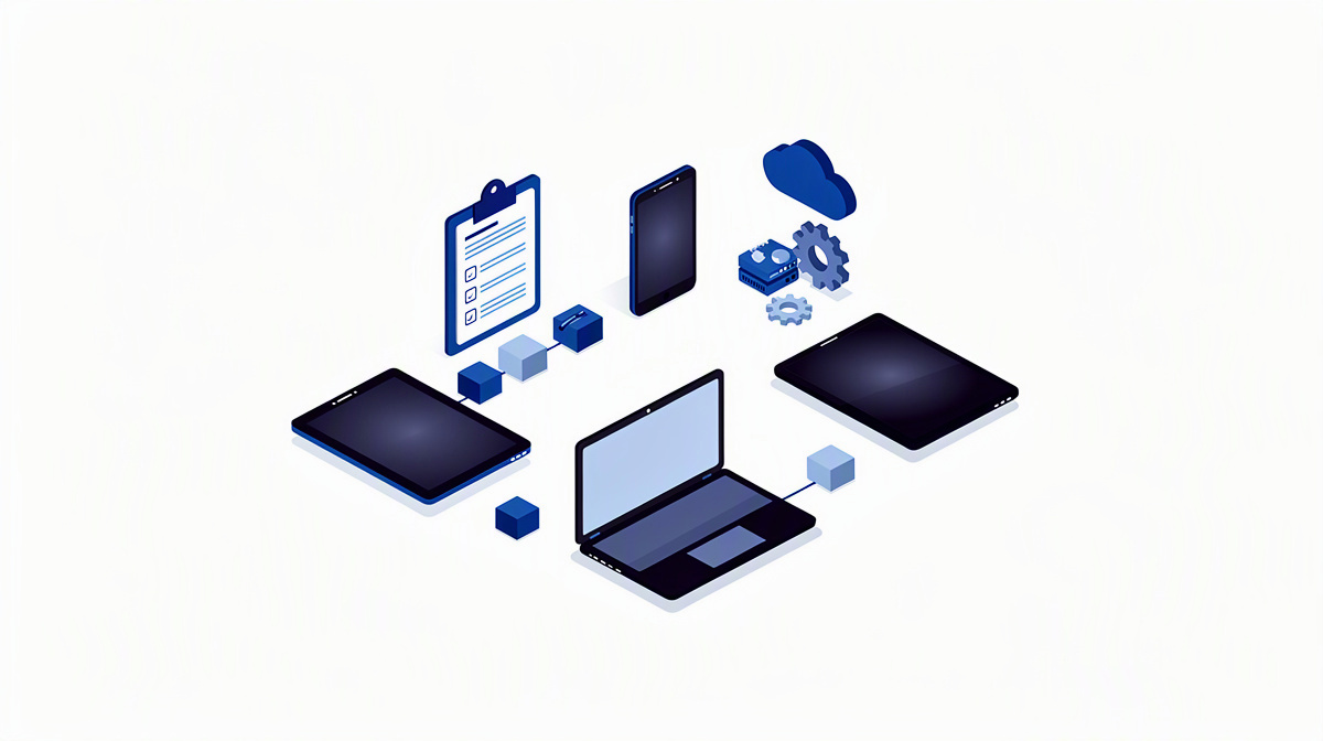 Isometrische Illustration mit Laptop, Tablet und Smartphone als Sinnbild für Funktionen auf Geräten.