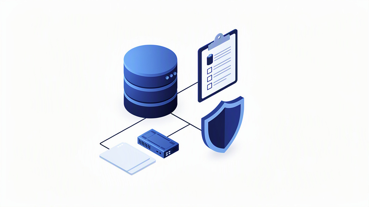 Isometrische Illustration mit Datenbank, verbundenen Karten und Schutzschild auf weißem Hintergrund.
