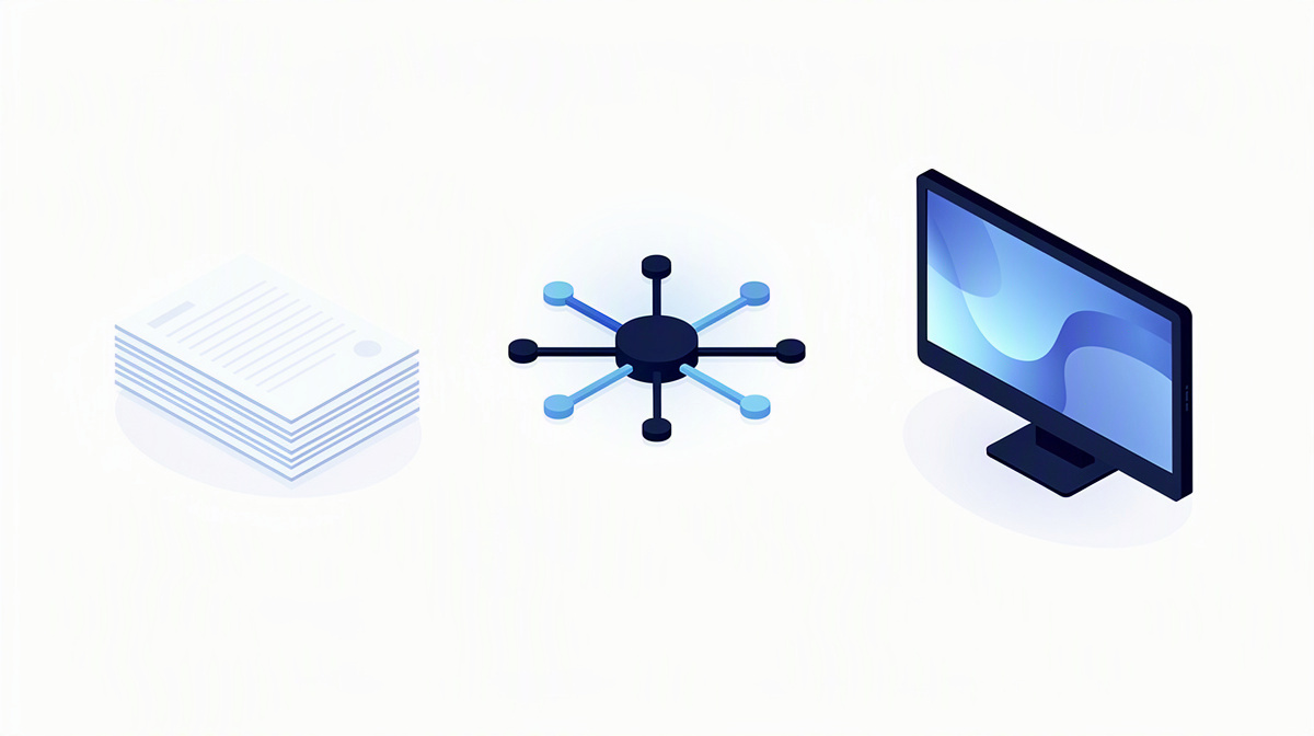 Isometrische Illustration mit Dokumentenstapel, Schnittstellen-Knoten und Monitor als Symbol der Lösung.