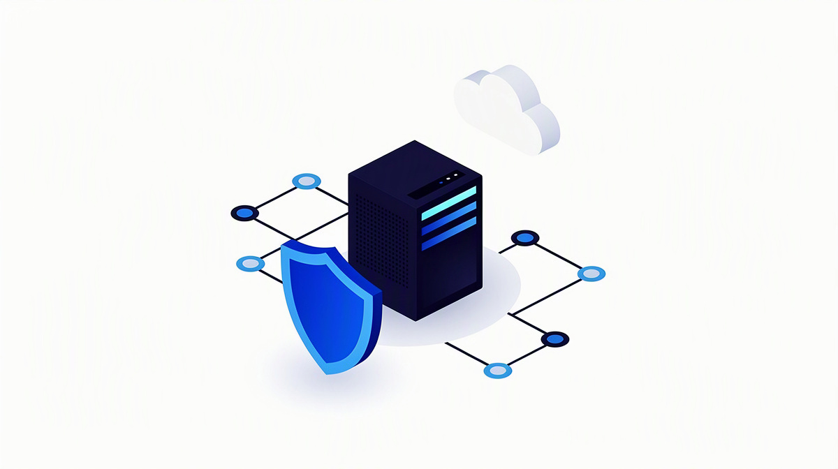 Isometrische Illustration mit Schutzschild, Server, Cloud und Datenknoten für Schnittstellen und Betrieb.
