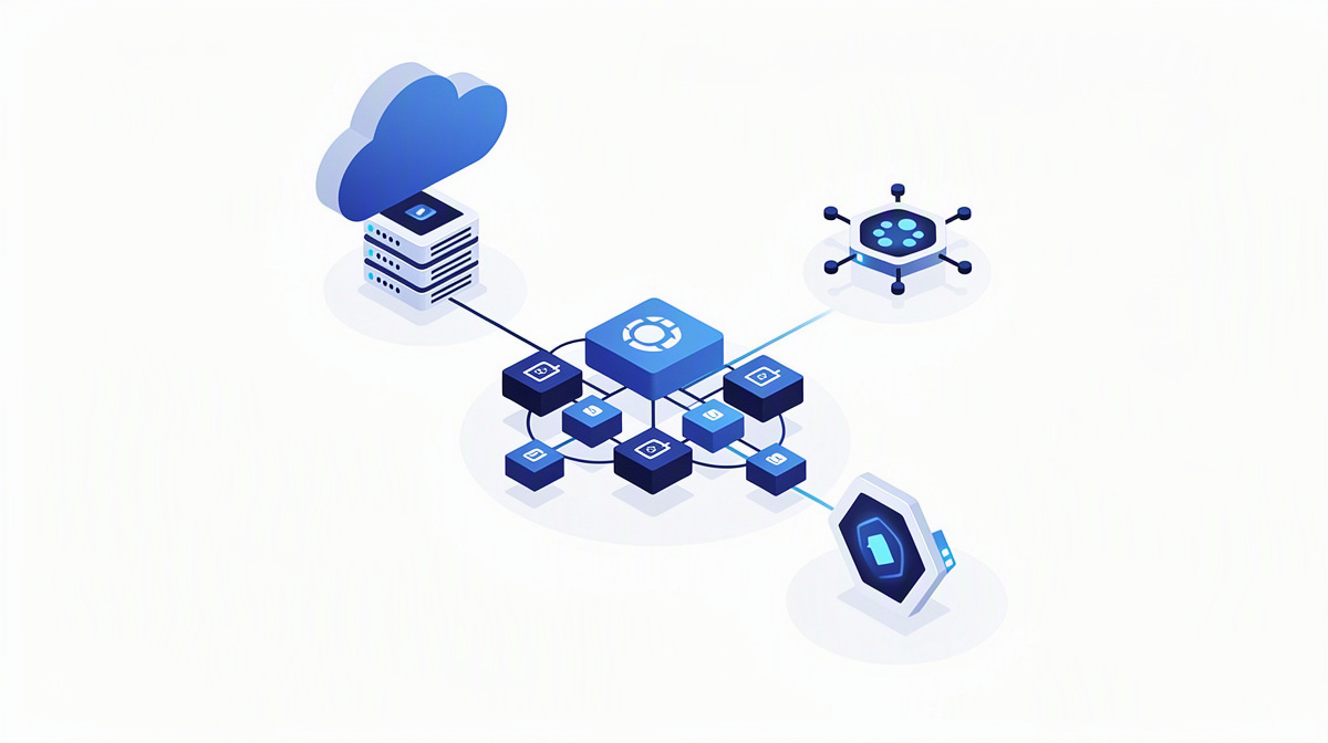 Vernetzte Service-Bausteine mit Cloud und Knoten als technische Architektur.