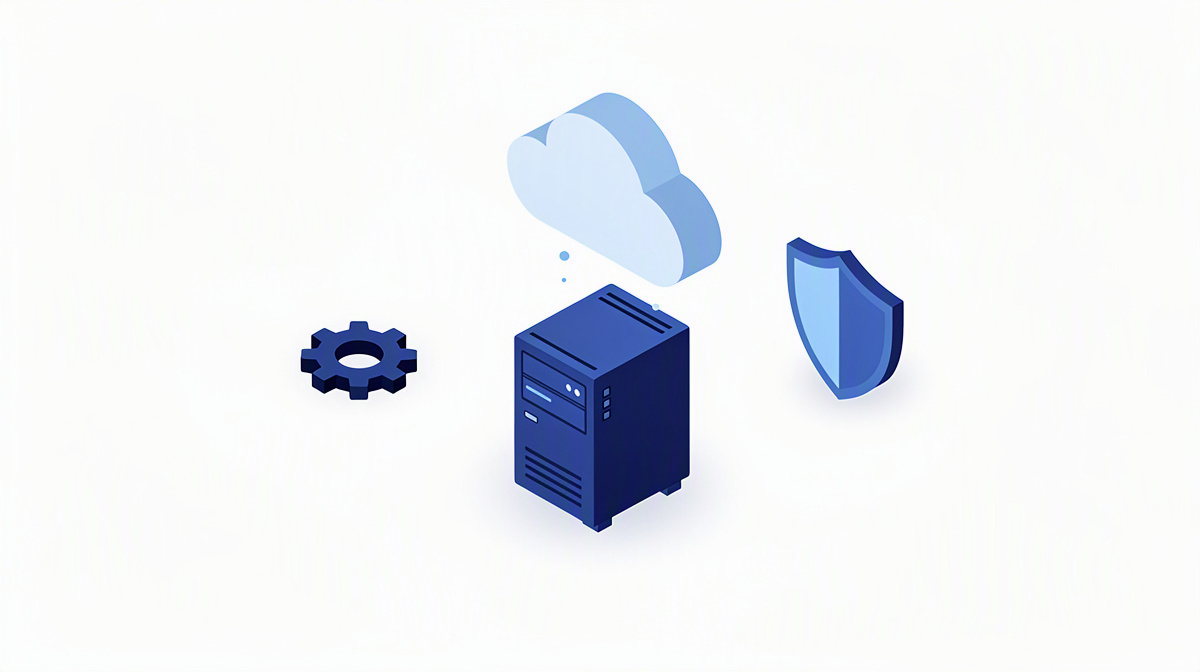 Kleiner Server unter einer Wolke mit Zahnrad und Schutzschild als Symbol für Technik und Betrieb.